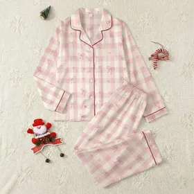 Women's Soft Light Pink Off-White Gingham Delicate Muted Pink Bow Heart Illustrative Pattern Satin Pajamas Set