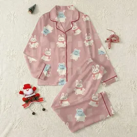 Women's Muted Baby Pink Fluffy Rabbit Teddy Bear Quilted Ribbed Cozy Seamless Pattern Satin Pajamas Set
