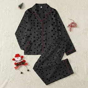 Women's Charcoal Grey Black Polka Dot Varied Size Minimalist Print Satin Pajamas Set