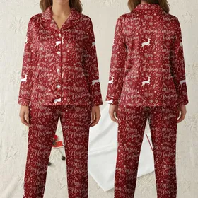 Women's Vintage Red Christmas Calligraphy Reindeer Nordic Pattern Satin Pajamas Set