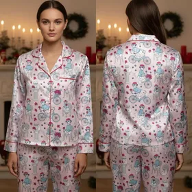 Women's Whimsical Pink Poodle, Dalmatian Dog & Chic Cat Bicycle Garden Print with Sky Blue & Fuchsia Satin Pajamas Set