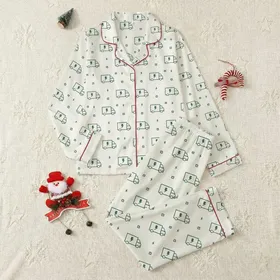 Women's Pixel Art Off-White Electric Van Tiled Pattern Dark Forest Green Lightning Accents Satin Pajamas Set