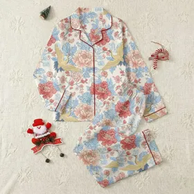 Women's Creamy Off-White Chinoiserie Crane Peony Blush Pink Blue Gold Floral Art Satin Pajamas Set