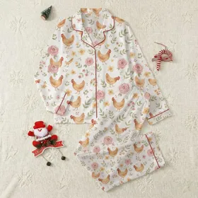 Women's Whimsical Red-Brown Hen, Blush Rose & Lemon Floral White Watercolor Design Satin Pajamas Set