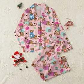 Youth's Cartoon Pop Art Leopard Pattern Pastel Pink with Vibrant Sweaters & Retro Sunglasses Satin Pajamas Set