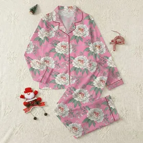 Women's Hand-Painted Peony Blossom Floral Sprigs Creamy White Muted Rose Pink Sage Green Vibrant Pink Botanical Pattern Satin Pajamas Set