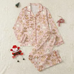 Women's Blush Pink Illustrative Puppy Pattern featuring Tan Brown Beagles, Retrievers, Paw Prints Satin Pajamas Set