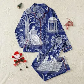 Women's Crisp White Indigo Blue Toile de Jouy Enchanting Forest Whimsical Figures Botanical Pattern Satin Pajamas Set