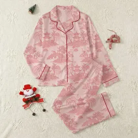 Women's Elegant Chinoiserie Toile Pale Blush Pink Dusty Rose East Asian Pagoda Landscape Satin Pajamas Set