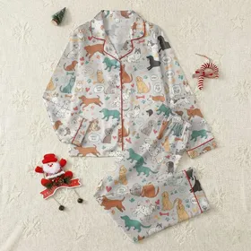 Dog Lovers' Whimsical Hand-Drawn Dogs & Playful Puppy Paw Print Pattern in Greige, Multicolor Satin Pajamas Set