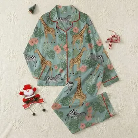 Nature Lovers' Illustrative Dusty Teal Safari Giraffe Zebra Tropical Botanical Pattern Satin Pajamas Set