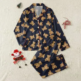 Youth's Whimsical Golden Brown Fuzzy Teddy Bear All-Over Print Deep Navy Blue Design Satin Pajamas Set