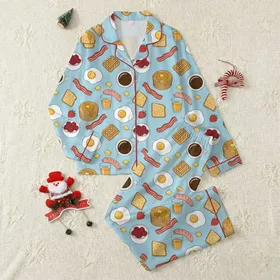 Women's Light Blue Illustrative Breakfast Pattern: Golden Eggs, Crispy Bacon, Pancakes & Coffee Satin Pajamas Set