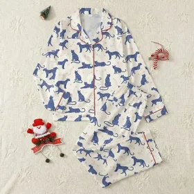 Women's Whimsical Indigo Blue Leopard & Pastel Pink Starry Celestial Hand-Drawn Pattern Satin Pajamas Set