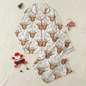 Women's Watercolor Boho Highland Cow Floral Crown Dreamcatcher Mandala Pattern Satin Pajamas Set