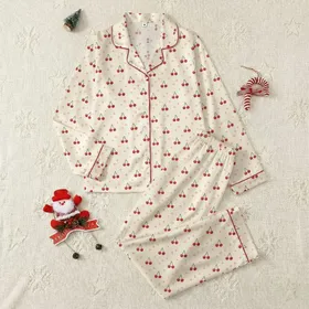 Women's Sweet Creamy Off-White Scattered Red Cherry Pink Flower Pattern Satin Pajamas Set
