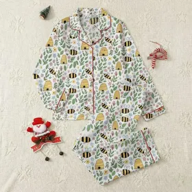 Women's Whimsical Hand-Drawn Bumblebee & Golden Beehive Pastel Floral Forest Green Leaves Pattern Satin Pajamas Set
