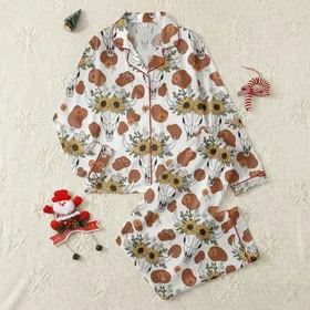 Boho Western Lovers' Hand-Drawn Bone-White Cow Skulls, Golden Sunflowers, Wildflowers & Burnt Umber Spots Satin Pajamas Set