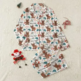 Women's Festive Off-White Cartoon Reindeer, Teal Santa Hats, Holly, Golden Bells, & 'Merry & Bright' Text Pattern Satin Pajamas Set