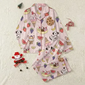 Women's Sweet Pastel Pink Dog Dessert Fruit Pattern: Poodle Ice Cream, Dalmatian Cookie, Chihuahua Cupcake Satin Pajamas Set