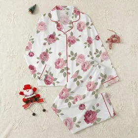 Women's Elegant Hand-Drawn Rose Floral Pattern with Pink Fuchsia Crimson Blooms & Olive Foliage Satin Pajamas Set