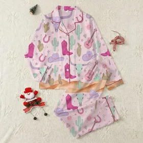 Women's Hand-Drawn Whimsical Desert Pastel Pink Steer Skull Cactus Boot Star Pattern Satin Pajamas Set