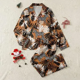 Women's Vibrant Burnt Orange Tropical Jungle Zebra Black White Foliage Pattern Satin Pajamas Set