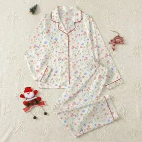 Women's Delicate Hand-Drawn Watercolor Wildflowers Coral Pink Periwinkle Blue Sage Green Botanical Pattern Satin Pajamas Set