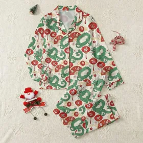 Women's Emerald Green Chinese Dragons Red Hand Fans Lanterns Gold Cloud Wisps Cream-Beige Traditional Illustrative Pattern Satin Pajamas Set