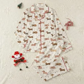 Women's Dachshund Lovers Cream Off-White Illustrative Fawn Brown Striped Dachshund Puppy Scatter Print Satin Pajamas Set