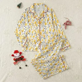 Women's Vibrant Daffodil Yellow Teardrop Floral & Charcoal Leaf Botanical Field Pattern on White Satin Pajamas Set