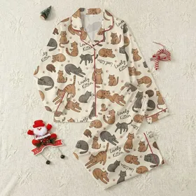 Cat Lovers' Whimsical Hand-Drawn Cats Brown Grey Orange Paw Print Kitten Text Pattern Satin Pajamas Set