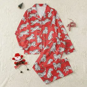 Women's Vibrant Red White Tiger Cartoon Hand-Drawn Bold Outline Dynamic Pattern Satin Pajamas Set