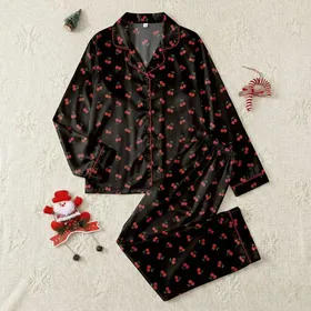 Casual Style Enthusiasts' Black Vibrant Red Cherry Cluster Bright Green Stem Flat Graphic All-Over Pattern Satin Pajamas Set