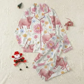 Kids' Whimsical Highland Cow Calf Dusty Rose Watercolor Peonies Buttercups Pattern Satin Pajamas Set