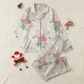 Women's Illustrative Watercolor Peony Rose Botanical Scroll Paisley Muted Blush Pink Sage Green Satin Pajamas Set