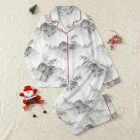 Women's Serene East Asian Ink Wash Grey Mountain Bamboo Cherry Blossom Print Satin Pajamas Set