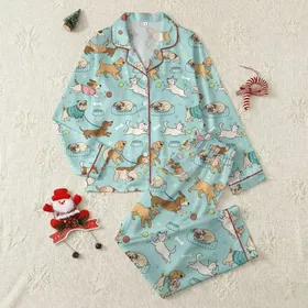 Plus Size Dog Lovers' Whimsical Aqua Blue Cartoon Dog Breeds Playful Pattern with Colorful Beagles, Pugs & Terriers Satin Pajamas Set