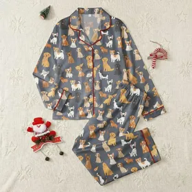 Women's Playful Cartoon Golden Retriever French Bulldog Corgi Dachshund Labrador Slate Gray Pattern Satin Pajamas Set