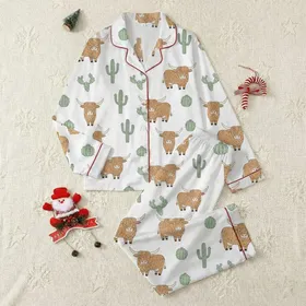 Women's Whimsical Hand-Drawn Highland Cow & Sage Green Desert Cactus Pattern with Yellow Stars Satin Pajamas Set