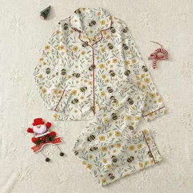 Women's Illustrative Golden Yellow Bumblebee & Mustard Wildflower Meadow Pattern Satin Pajamas Set