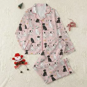 Women's Pastel Pink Whimsical Dog Black White Speckled Puppy All-Over Print with Colorful Bow Accents Satin Pajamas Set