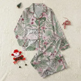 Women's Muted Pink Illustrative White Tiger Jungle Botanical Repeat Pattern Satin Pajamas Set