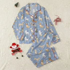 Dog Lovers' Muted Periwinkle Blue Playful Cartoon Diverse Dog Breeds Scatter Print Satin Pajamas Set