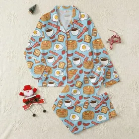 Women's Whimsical Sky Blue Breakfast Golden Pancakes Bacon Eggs Toast Strawberries Design Satin Pajamas Set
