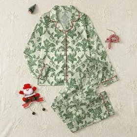 Women's Vintage Rococo Damask Forest Green Cream Acanthus Leaf & Bird Art Satin Pajamas Set