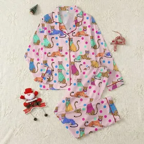 Women's Whimsical Pastel Pink Patchwork Leopard Polka Dot Stripe Floral & Sunglasses Pattern with Bright Circles Satin Pajamas Set