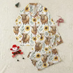 Women's Whimsical Watercolor Highland Cow & Golden Sunflower Ochre Sepia Sage Green Botanical Pattern on White Satin Pajamas Set
