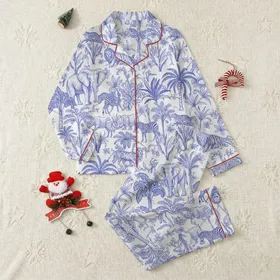 Women's Vintage Illustrative Cobalt Blue White Toile Safari Jungle Animal Print Satin Pajamas Set