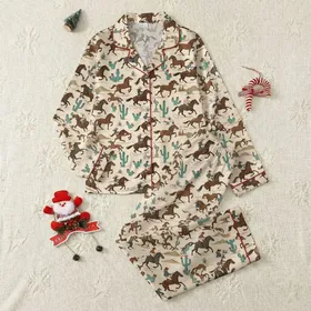 Women's Wild West Desert Galloping Horses Teal Saguaro Cactus Sandy Beige Illustrative Art Satin Pajamas Set